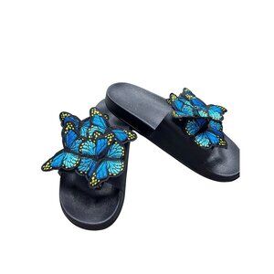 Butterfly Applique Slide Sandals Womens Size 9 Black & Blue
